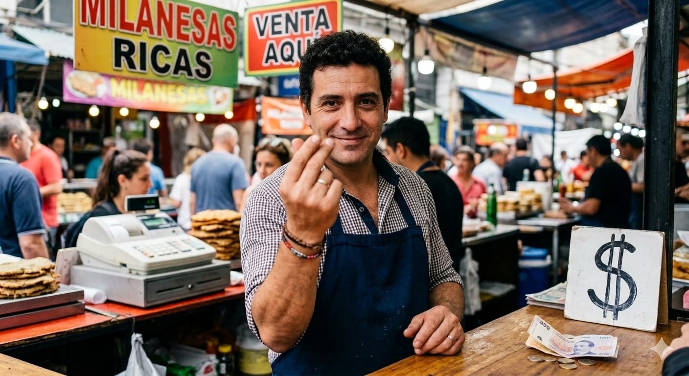 Emprendedor vendiendo milanesas de pollo en feria gastronómica