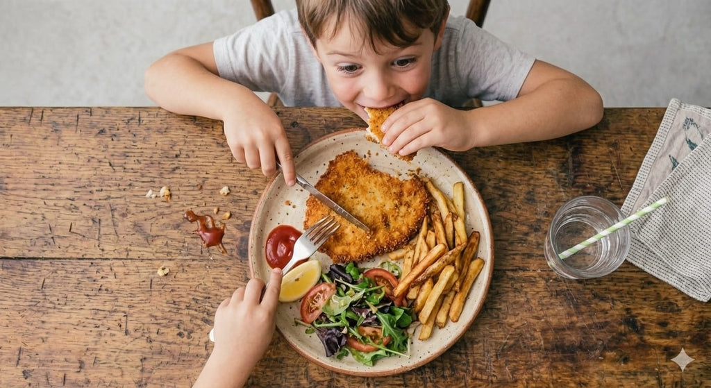 Niño comiendo milanesas de pollo saludables y disfrutando la comida