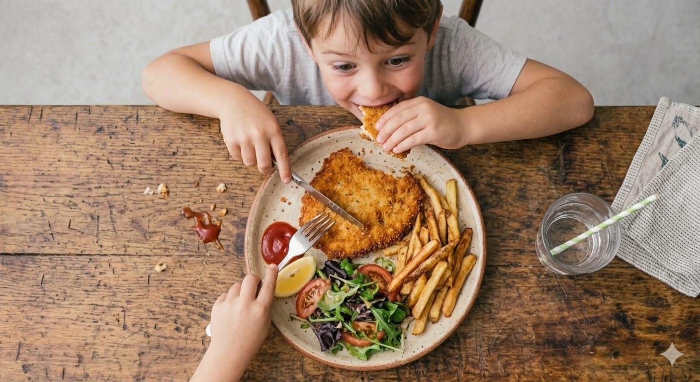 Niño comiendo milanesas de pollo saludables y disfrutando la comida
