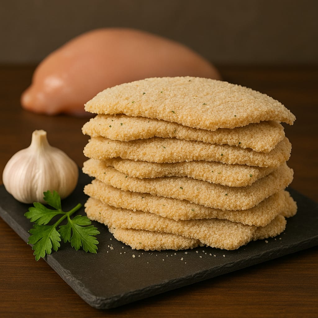 Milanesas de pollo crudas apiladas listas para cocinar - emprendimiento de comida